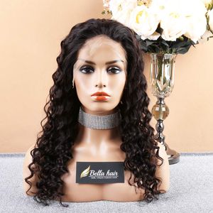 Venta de pelucas delanteras de encaje para mujeres negras, cabello humano brasileño remy de onda profunda, pelucas suizas completas, densidad 130 150 180, color natural prearrancado bellahair