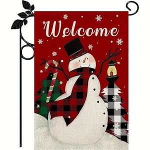 1pc, Winter Christmas Garden Flag, Welcome Christmas Red Black Buffalo Snowman House Yard Flag, Double Sided Jute Holiday Xmas Garden Flag, Outdoor Garden Decoration