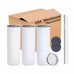 CA US entrepôt 2 jours livraison tasses blanches gobelet à sublimation gobelet droit en acier inoxydable de 20 oz avec paille