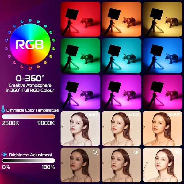 Luz de vídeo RGB WL-R2 de 1 pieza, luz de cámara LED portátil, panel 0-360 a todo color, luz de vídeo LED CRI 95+ 2500-9000K, iluminación DSLR LED recargable de 2000 mAh