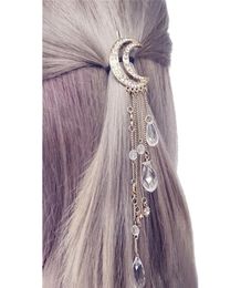 1pc Women Clip Moon Rhinestone Crystal Pends Pensel Tasel de cadena larga Beads Beatpin Ladies Hair Jewelry Clip Accesorios para el cabello7241683
