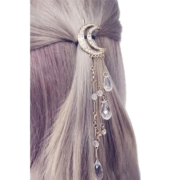 1pc Femmes Clip Moon Righestone Crystal Pendant Pin Pice-chaîne longue chaîne Perles Hairpin Dames Bijoux Hairlip Hairlip Hair Accessoires 6090298