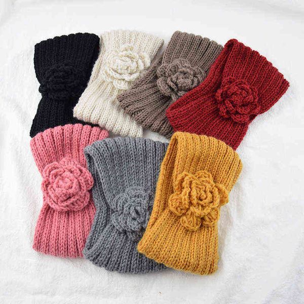 1 Pc femmes Rose fleur tricoté bandeaux femmes hiver Crochet tête enveloppement large laine bandeau Turban mode cheveux accessoires AA220323