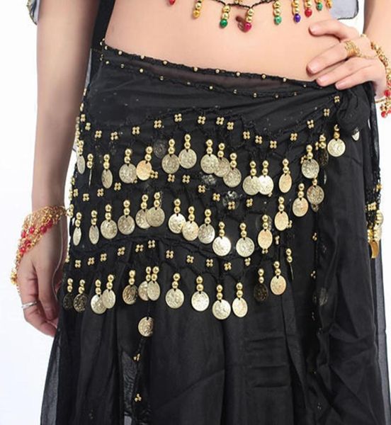 1pc Femmes sexy mignonnez la jupe de hanche de danse mignonne en mousseline en mousseline de mousseline avec des pièces d'or en 3 rangées 13 couleurs accessoires de danse1898293