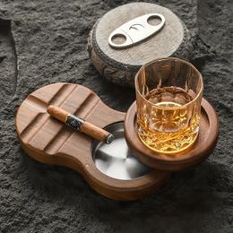 1pc, cendriers à cigares en bois dessous de verre, plateau en verre à whisky et porte-cigares accessoires à cigares rotatifs avec fentes pour contenir des cigares, excellent coffret cadeau pour hommes