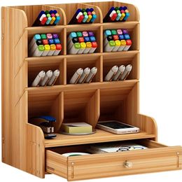 1pc organisateur de bureau en bois multifonctionnel porte-stylo bricolage boîte de rangement bureau stationnaire support pour le bureau à domicile et l'école 240125