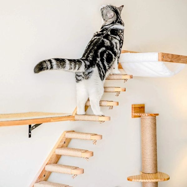 1 pcCat griffoir poteau d'escalade mural chat hamac lit meubles pour animaux de compagnie chaton étagère murale ensemble chat perche en bois chat arbre maison 240227