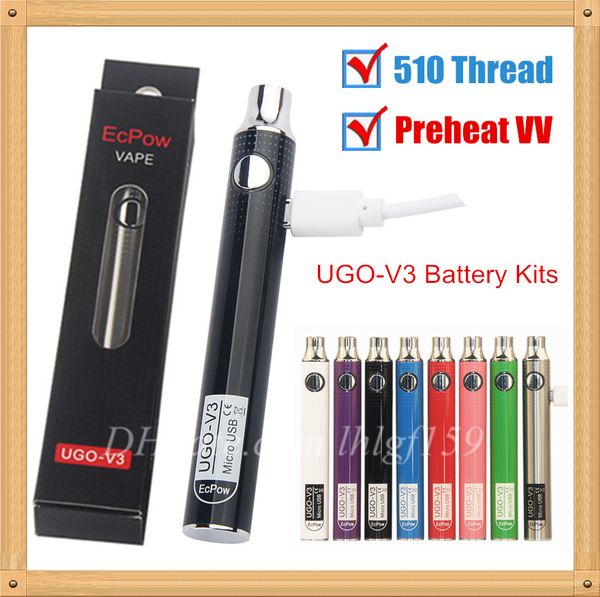 MOQ 1 Pcs Authentique UGO Batterie E Cigarette Préchauffer 650 mAh 900 mAh Préchauffage Tension Réglable UGO-V3 Vape Pen Vaper Navire Libre