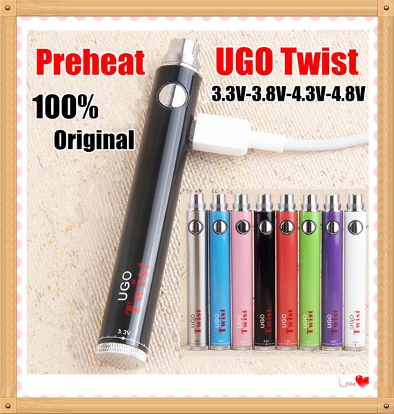 MOQ 2Pcs Authentique UGO Twist Vaporisateur Batteries USB Passthrough eVod 510 Fil Vape Pen Batterie eGo Tension Variable 3.3 ~ 4.8V Vision