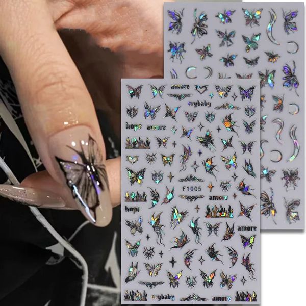 1pcs Black Blanc Butterfly Laser Nail Stickers Y2K ART Decoration Lignes abstraites Fleurs de bronzage pour ongles 240418