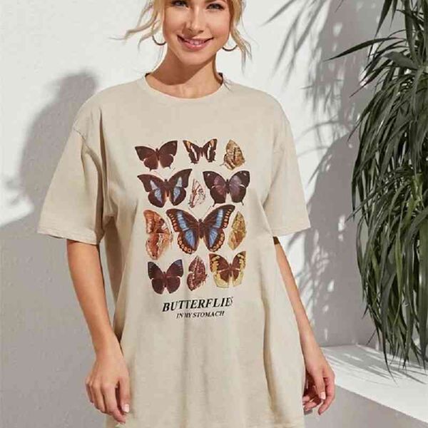 1pcs T-shirts papillon T-shirts mignons Même papillon Printemps et été Lâche American Retro Milk Tea T-shirt à manches courtes pour femmes Top 210518