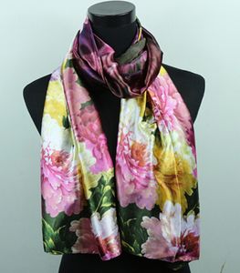 1 stks Kleurrijke Peony Donkere Paars Sjaals Damesmode Satijn Olieverf Lange Wrap Sjaal Beach Silk Sjaal 160x50cm