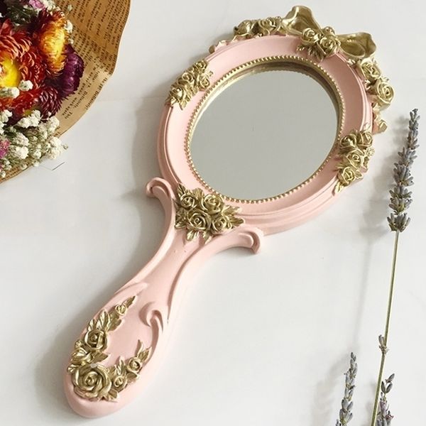 1pcs mignon créatif en bois vintage miroirs à main maquillage vanité rectangle tenir cosmétique avec le pour les cadeaux Y200114
