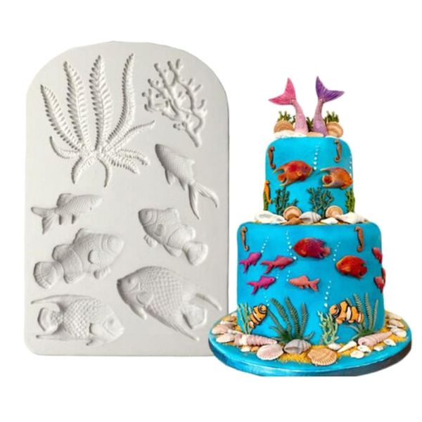 1 Uds. DIY borde de pastel utensilios para decoración de tortas con Fondant pez mar Coral Cupcake moldes de Chocolate algas molde de silicona