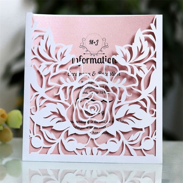 1 Uds. Tarjeta de invitación de boda con bolsillo de encaje elegante, flor rosa cortada con láser cuadrada, suministros para fiestas y eventos de felicitación personalizados 220711