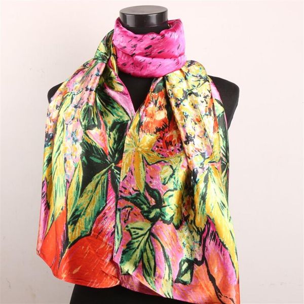 Foulard en soie pour femmes, 1 pièce, fleur de lys Orange Fuchsia et feuilles vertes, mode femme, peinture à l'huile en Satin, châle Long enveloppant, écharpe de plage en soie 298T