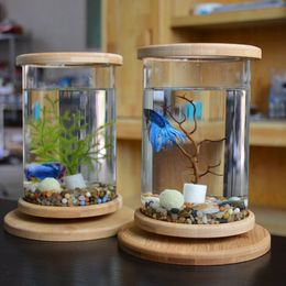 1pcs Verre Betta Fish Tank Bambou Base Mini Fish Tank Décoration Accessoires Rotation Décoration Fish Bowl Aquarium Accessoires Y200336H