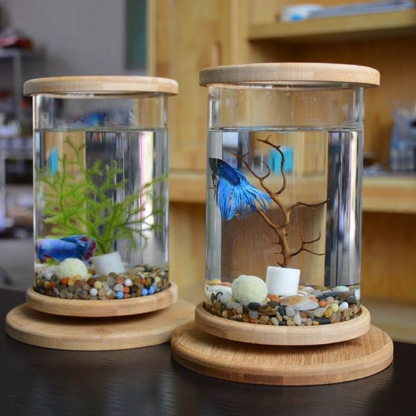 1 unids Vidrio Betta Fish Tank Base de Bambú Mini Fish Tank Decoración Accesorios Girar Decoración Fish Bowl Acuario Accesorios Y200330d