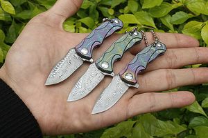 1Pcs H015 Mini Kleine Flipper Zakmes VG10 Damascus Staal Blade TC4 Titanium Legering Handvat Kogellager Messen