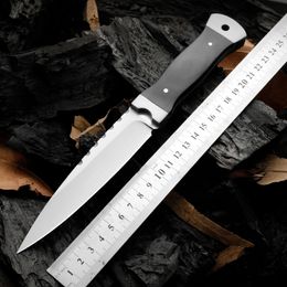 1PCS H9401 Survival Rechte mes 9cr18mov Satijnen mes Volledige tang ebbenhouten handvat buiten kamperen Hunting Vissen Fixed Blade messen met lederen schede