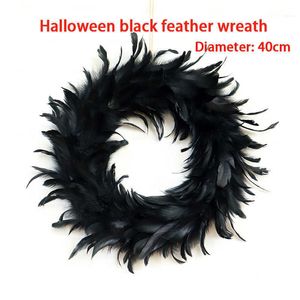 1 pcs Halloween Couronne De Plumes Noir Plumes Naturelles Et Mousse Cercle Matériel Suspendus Halloween Guirlande Décoration De Fête 40 cm Y0901