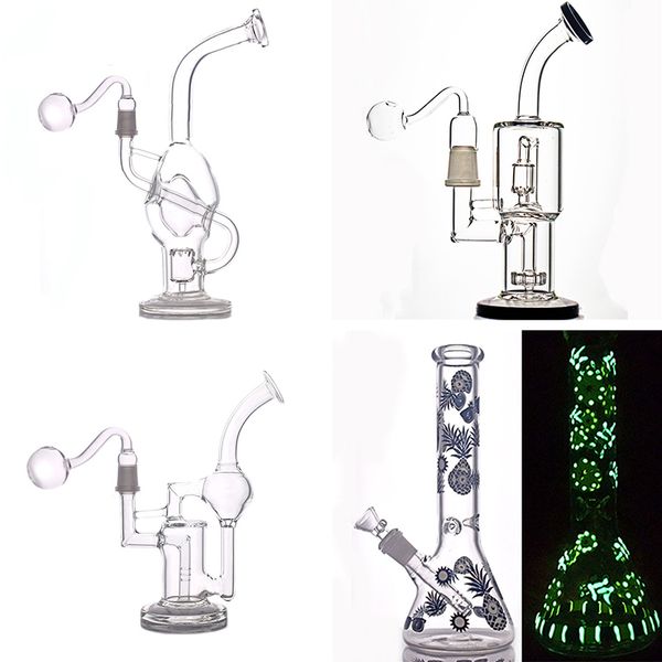 1pcs Narguilé Verre Bong Tuyau D'eau Glow In The Dark Honeycomb Beaker Bongs Ice Catcher Recycler Dab Rig avec Tuyau De Brûleur À Huile En Verre De 14mm