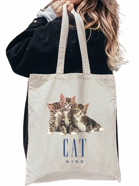 1pcs Kawaii Cat Kids Graphic Tote Bag Bag Bag Bag Bag Lona Bolso Lindo Comprador Perfecto para Gat Lover Gift M7H2#