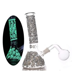 1pcs Mini Bécher En Verre Bong 8 Pouces Sombre Dans Le Crâne Sombre Tuyaux D'eau Fumer Ice Catcher Bongs 14,4 Mm Joint Dab Plate-forme Pétrolière avec Tuyaux De Brûleur À Huile À Tige En Bas