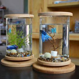 Mini réservoir à Base de verre en bambou, 1 pièce, décoration rotative, bol à poisson, bouteille écologique, accessoires d'aquarium 221P
