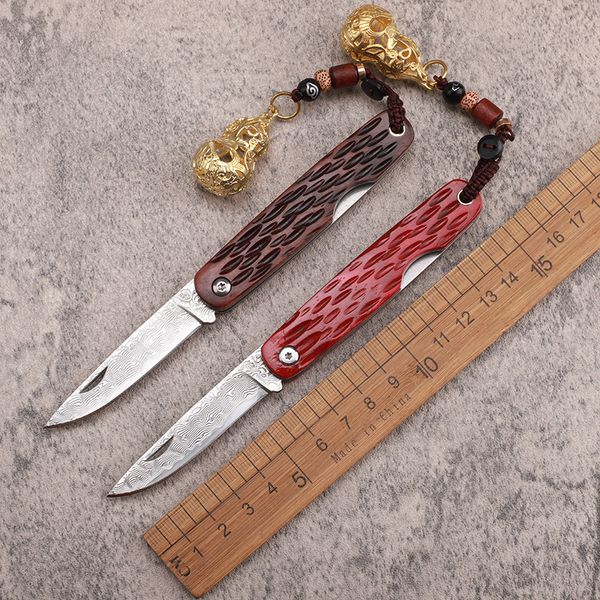 1 Unids Nuevo A2243 Cuchillo plegable Damasco Hoja de acero de Damasco Hueso de vaca con mango de hoja de acero Cuchillos de bolsillo EDC al aire libre con bolsa de nylon