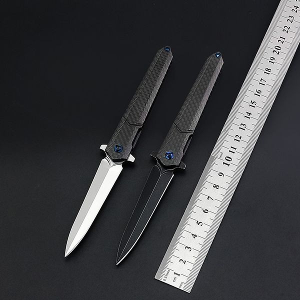 Cuchillo plegable abatible con rodamiento de bolas M390, punta de lanza satinada/hoja de lavado de piedra negra, mango de fibra de carbono CNC, cuchillos EDC, 1 Uds.
