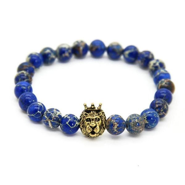 1 peça novo design 8mm contas de pedra de sedimento do mar azul com cores misturadas pulseiras de cabeça de leão herói joias masculinas presente agradável232z