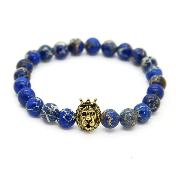 1 pièces nouveau Design 8mm bleu mer sédiment pierre perles avec mélange couleur Lion tête héros Bracelets hommes bijoux beau Gift276s
