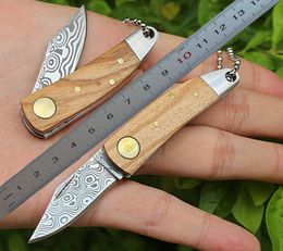 1 pièces nouveau Mini petit couteau pliant de poche EDC damas suède lame en acier damas manche en bois d'olivier avec gaine en cuir