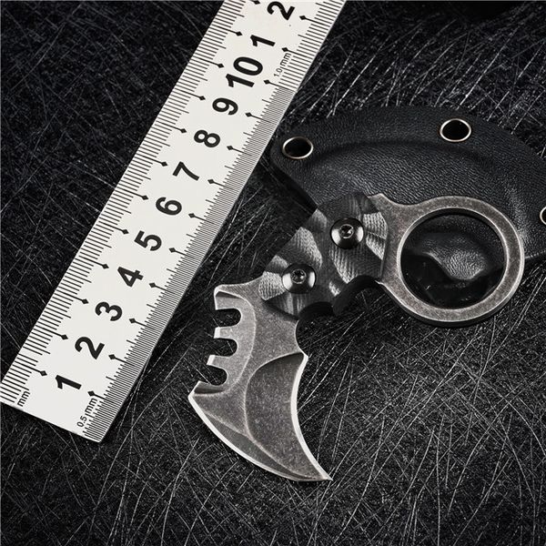 Karambit-cuchillo pequeño de bolsillo EDC con hoja fija, AUS-8A de lavado de piedra negra/hoja satinada, mango de G-10 Tang completo, 1 Uds.