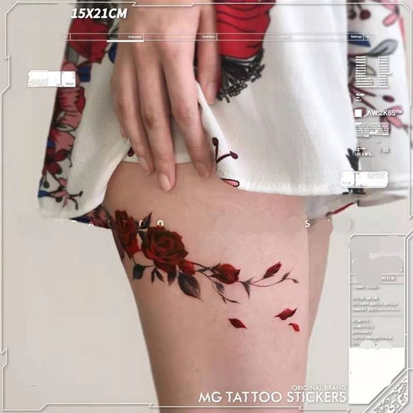 1 Uds nueva rosa roja impermeable tatuaje temporal pegatina mujer hermosa flor chica moda Sexy arte falso tatuaje pierna tobillo tatuaje