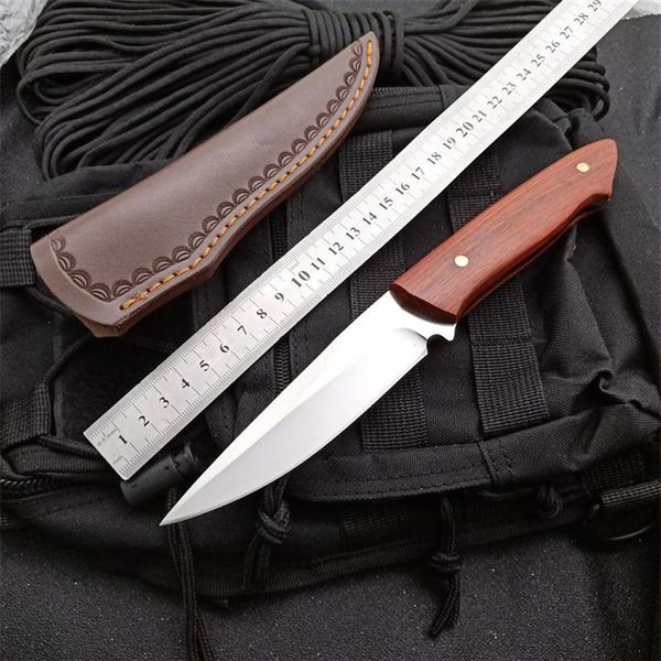 1 Uds nuevo cuchillo de caza Staight de supervivencia 7Cr17 hoja de punto de caída de satén mango de madera de espiga completa cuchillos de hoja fija con funda de cuero 291a