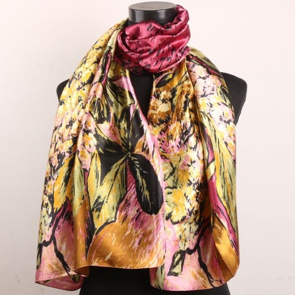 1 pièces pêche prune or lys fleur et feuilles foulards femmes mode Satin peinture à l'huile longue enveloppement châle plage foulard en soie 160X5202e