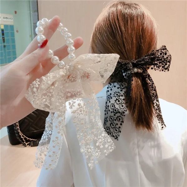 1pcs Pearl Bow Knot Hair Rope Streamer Lace Japón y Corea del Sur New Ins Sen Sen Smiler Círculo de intestino grande