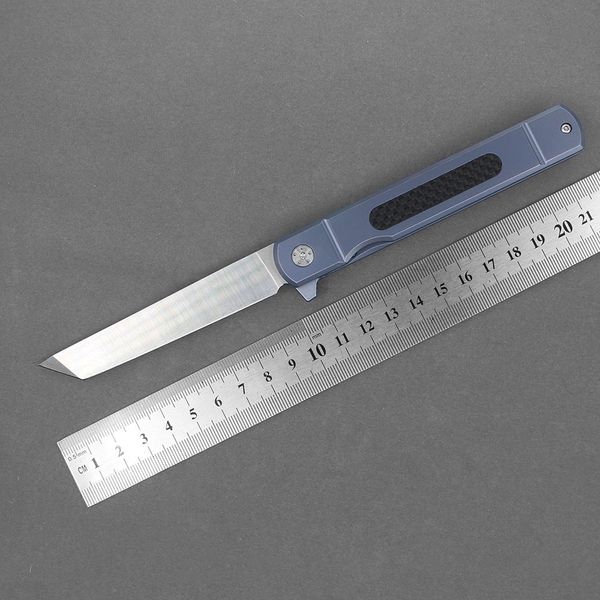 1 Pcs R6255 Flipper Couteau Pliant D2 Satin Tanto Point Lame Bleu TC4 Alliage De Titane Avec Poignée En Fibre De Carbone Roulement À Billes Couteaux À Ouverture Rapide Outils EDC