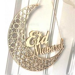 1 unids Ramadán Decoración para el hogar Madera Eid Mubarak Placa Luna Islam Musulmán Colgante Colgante Hueco Suministros de madera Y0730
