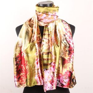 1pcs Rood Roze Kersenbloesems Hekken Sjaals Goud Damesmode Satijn Olieverfschilderij Lange Wrap Sjaal Strand Zijden Sjaal 160X50c294o