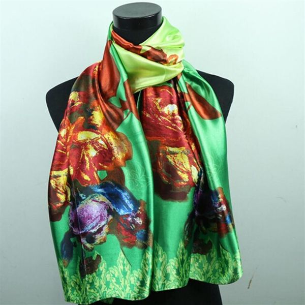 1 pièces rouge violet Rose Rose vert foulards femmes mode Satin peinture à l'huile longue enveloppement châle plage foulard en soie 160X50cm2786