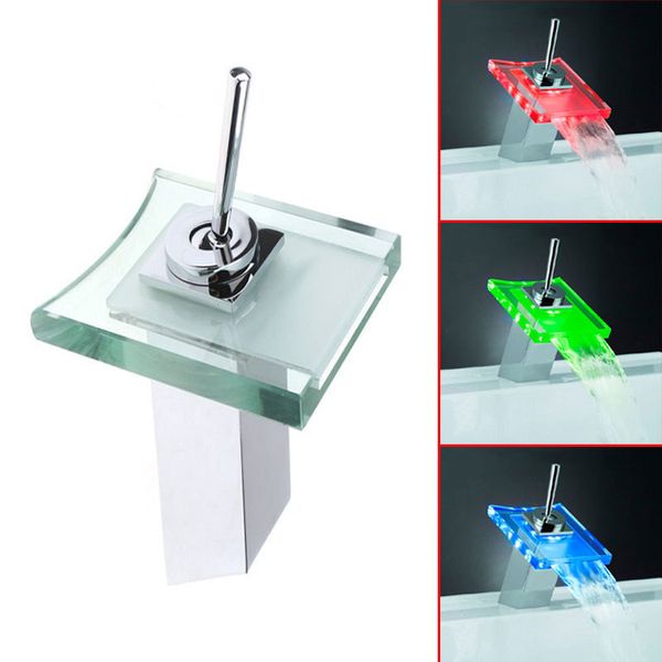 Grifo de cascada de cristal con luz LED RGB, 1 Uds., lavabo para cocina, baño, lavabo montado en cubierta, grifo mezclador para fregadero