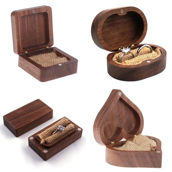 1 Uds anillos de madera de boda organizador de joyas estuche de viaje de almacenamiento portátil corazón/caja de forma cuadrada embalaje de nogal