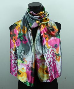 1 stks Wit Gypsophila Hot Pink Rose Sjaals Bloem Donkergrijze Womens Mode Satijn Olieverf Lange Wrap Sjaal Beach Silk Sjaal 160x50cm