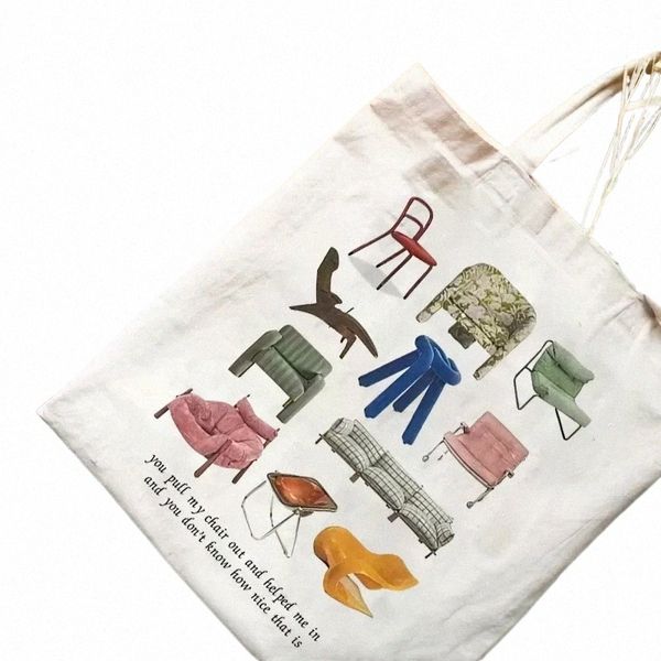 1pcs Femmes Shopper Sac Chaises Imprimé Harajuku Grande Capacité Boutique Sacs À Main Toile Shopper Fille Fourre-Tout Sacs À Bandoulière J2TF #