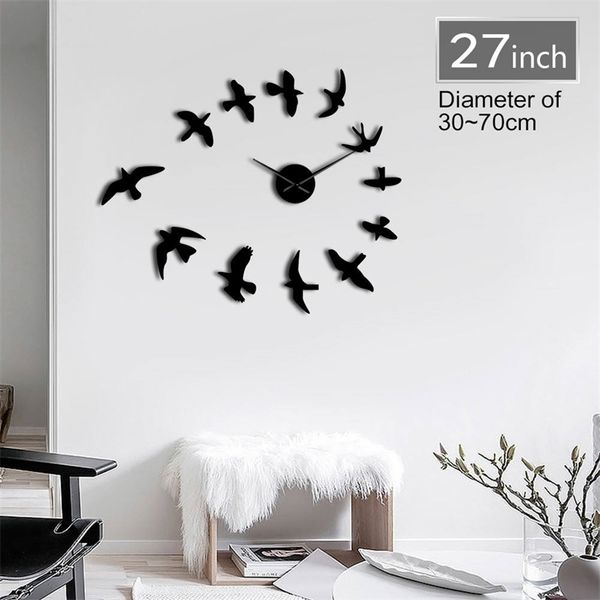 1 Pièce 3D Fly Oiseaux Miroir Grand Sticker Mural Animal Sans Cadre DIY Temps Géant Énorme Design Moderne Horloge Montre Décor 201212