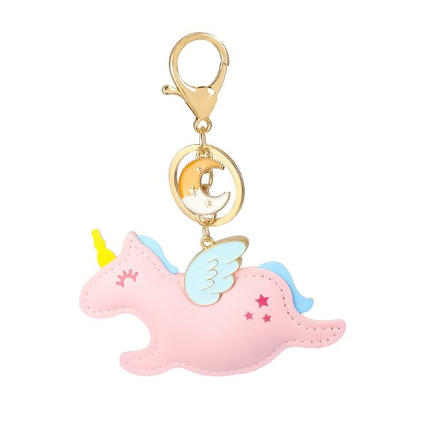 Porte-clés licorne rose de dessin animé, pendentif créatif en alliage, ailes de lune, animal mignon, accessoires de sac pour dame, cadeau pour enfants