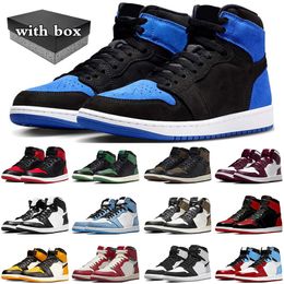 1s met doos jumpman 1 basketbalschoenen heren sneakers Royal Reimagined Palomino Satin Bred Patent Washed Heritage UNC Toe Dark Mocha dames sneakers sport